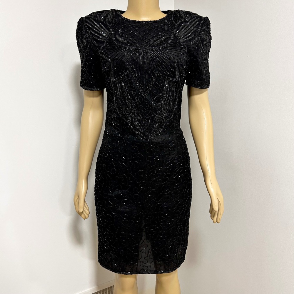 Vintage 80s AP LTD Black Silk Beaded Sequin Puffy Shoulder Short‎ Cocktail Dress